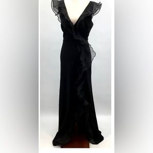 DKNY  4 Back V Neck Sleeveless Organza Double-Ruffled Surplice Gown Maxi